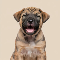 Obraz premium Cute Puppy With Closed Eyes Smiling Open Mouth