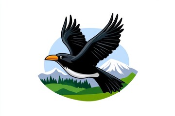 Fototapeta premium A clean 2D illustration of a black raven flying against a white sky, with minimal shadowing and bold outlines
