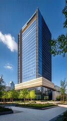 exterior of a high rise office building modern architecture with an abstract background