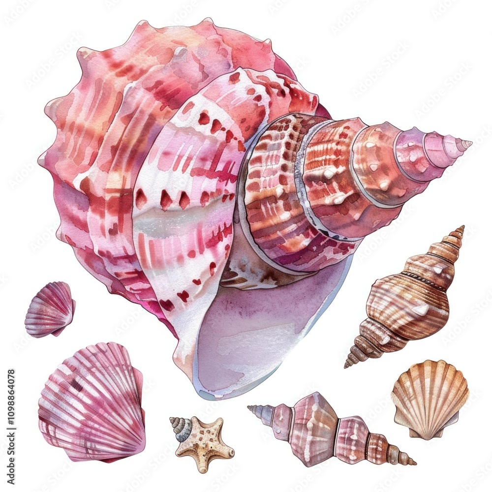 Poster colorful collection of various sea shells, showcasing different shapes and patterns. marine and coas