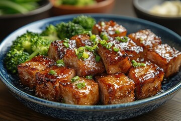 Fototapeta premium Dong Po Rou (Dongpo pork meat) in a beautiful blue plate with green broccoli vegetable, traditional festive food for Chinese new year cuisine meal