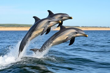 Fototapeta premium A playful group of dolphins leaping out of the water near a sandy beach under a bright blue sky
