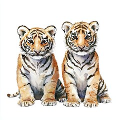 Obraz premium Two adorable tiger cubs sitting together, showcasing their playful and curious nature in a vibrant white background