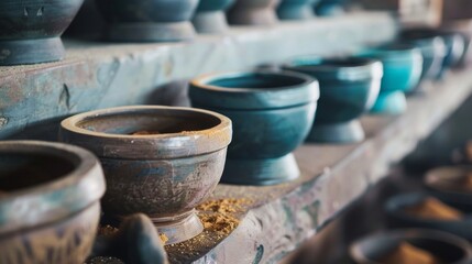 Rustic pottery bowls with earthy textures on wooden shelves