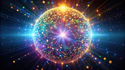 Obraz premium Colorful sphere shape particles with light shine and beam , sphere, colorful, particles, light, shine, beam, abstract
