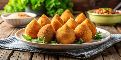 Traditional Brazilian fried drumsticks Coxinha de frango on dish, Brazil, snack, appetizer, delicious