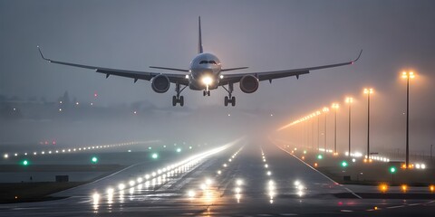 Naklejka premium An airplane gracefully descending through dense fog during nighttime, its landing lights piercing through the mist and casting a dramatic glow on the runway below.