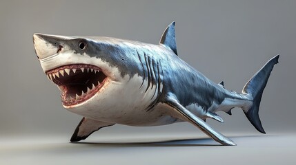 Naklejka premium A great white shark, mouth open, swimming towards the viewer against a neutral background.