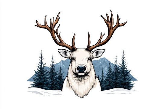 Reindeer with antlers, standing in a snowy landscape, exuding winter charm, sketch engraving raster illustration Scratch board imitation Black and white image separate on white background