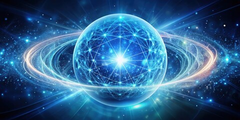 Fototapeta premium Abstract round blue sphere glowing energy magic molecule with cosmic atoms and particles background, blue, sphere, glowing