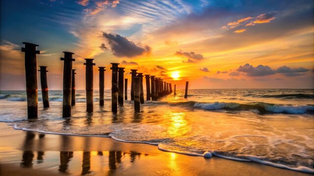 Silhouettes of old ruined sea piers at Calicut Kozhikode beach during sunset, Kerala, India, sea piers, ruins, sunset, Calicut