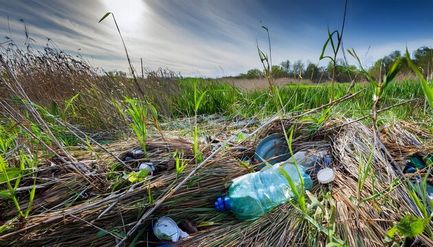 Plastic and Metal Debris in Grassy Wetland Area