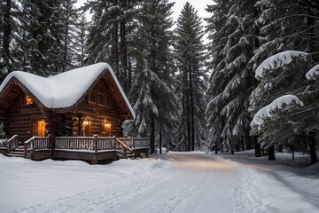 A picturesque winter landscape during Christmas, with snow-covered trees lining a winding path through a forest. The ground is blanketed with fresh snow, and delicate snowflakes gently fall from the g