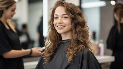 Obraz premium Smiling woman getting hair cut at hair salon by hairdresser