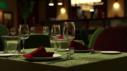 Obraz premium Elegant Dining Setup with Glassware and Napkins in Cozy Restaurant