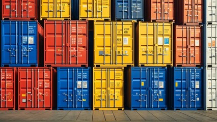 Fototapeta premium Colorful shipping containers stacked in vibrant geometric patterns