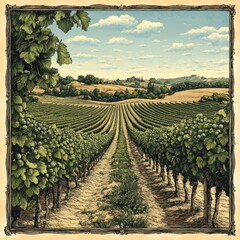Fototapeta premium A picturesque vineyard landscape with rows of grapevines under a clear sky.