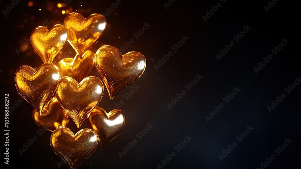 Poster golden hearts floating in dark space with sparkling effect