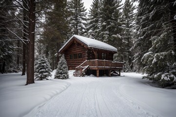 A picturesque winter landscape during Christmas, with snow-covered trees lining a winding path through a forest. The ground is blanketed with fresh snow, and delicate snowflakes gently fall from the g