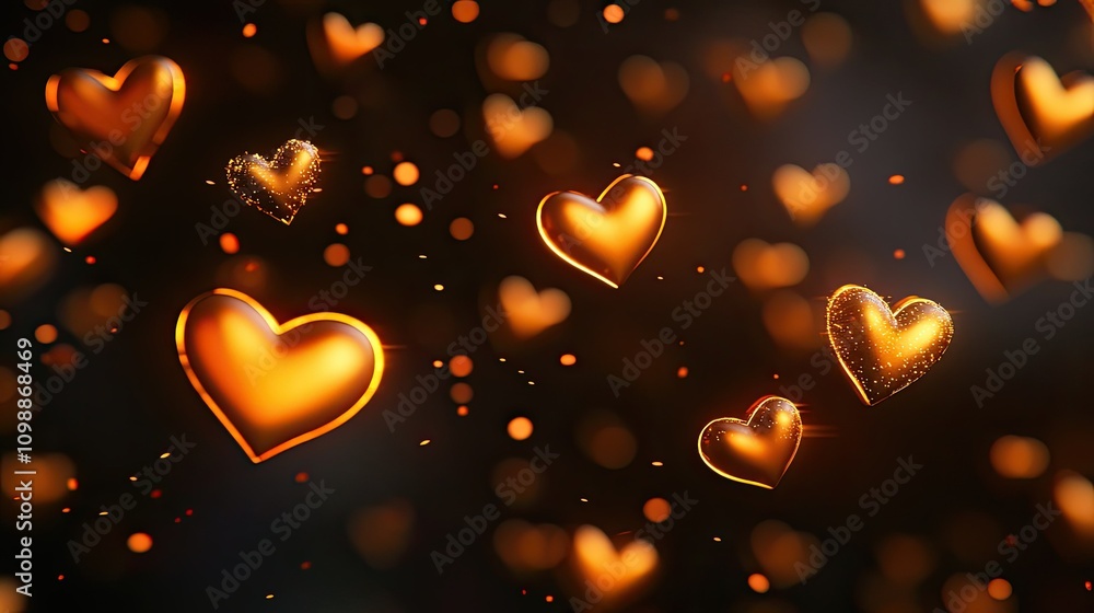 Poster golden heart shapes floating in a creative abstract background