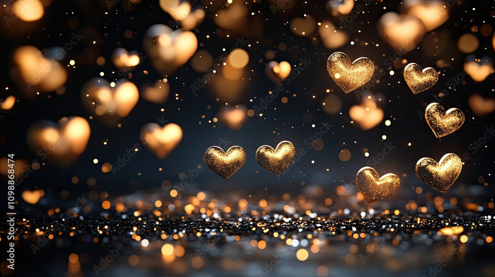 Poster golden hearts floating against a dark background with sparkling light