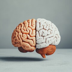 A stylized brain model features distinct halves, one orange and textured, the other smooth and white, symbolizing creativity and logic.