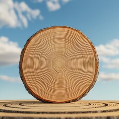A close-up view of a tree stump showcasing its intricate rings against a blue sky with fluffy clouds.