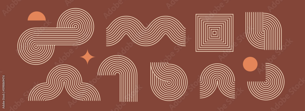 Poster boho linear element set. brown beige wave and arch forms design. mid century curves and arcs collect