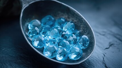Sparkling Blue Crystals Heap in Vintage Spoon on Dark Surface
