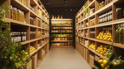 Obraz premium Organic Grocery Store Healthy Food Bulk Foods Wooden Shelves Lemons Jars Grains Nut