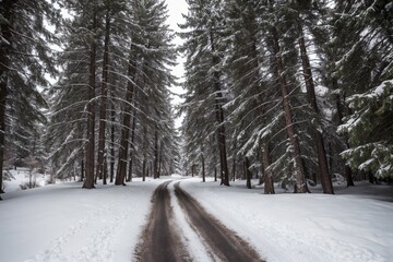 A picturesque winter landscape during Christmas, with snow-covered trees lining a winding path through a forest. The ground is blanketed with fresh snow, and delicate snowflakes gently fall from the g