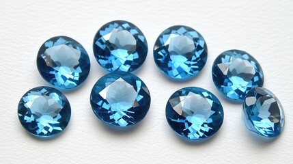 Sparkling Blue Gemstones Displayed on a White Surface