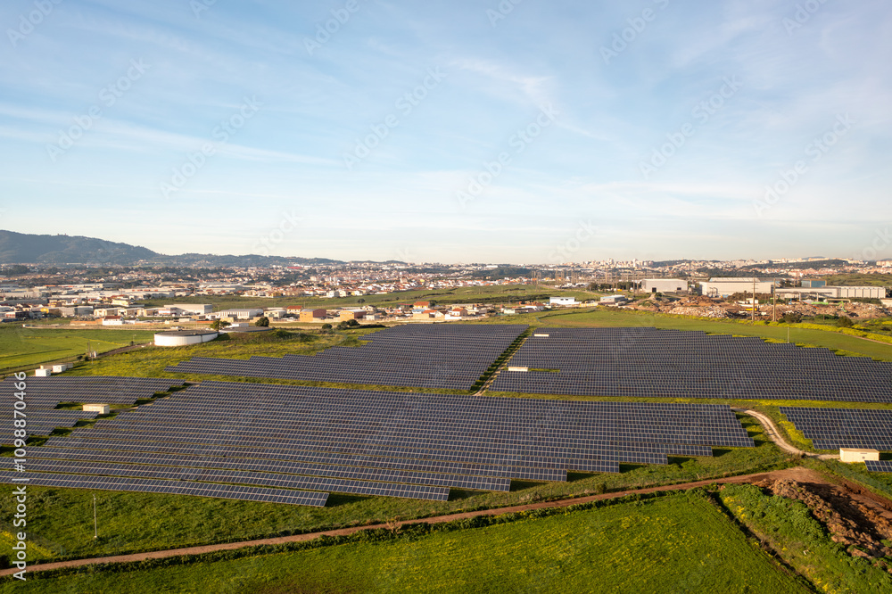 Wall mural Aerial drone view of solar panels on agricultural field during sunny day. The landscape is fully equipped with green renewable energy generators. 