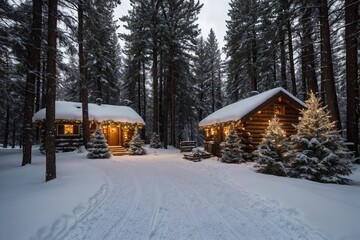 A picturesque winter landscape during Christmas, with snow-covered trees lining a winding path through a forest. The ground is blanketed with fresh snow, and delicate snowflakes gently fall from the g