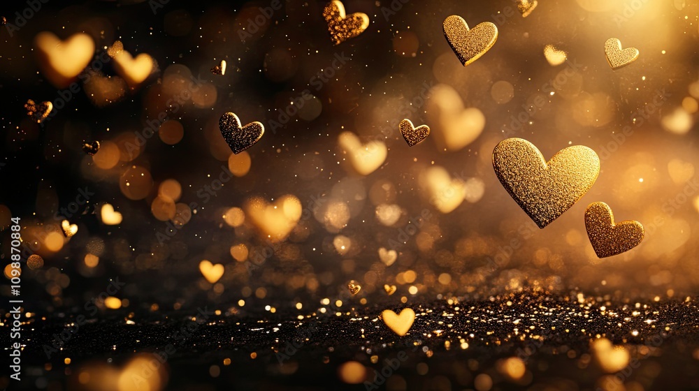 Poster golden hearts floating in a sparkling dreamy background effect