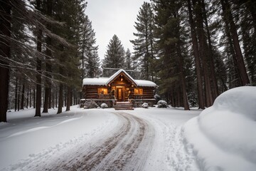 A picturesque winter landscape during Christmas, with snow-covered trees lining a winding path through a forest. The ground is blanketed with fresh snow, and delicate snowflakes gently fall from the g