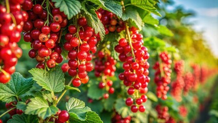 Obraz premium Ripe red currant bushes in a vibrant harvesting scene, Harvest, berries, red currant, ripe, healthy, tasty, safe, fresh