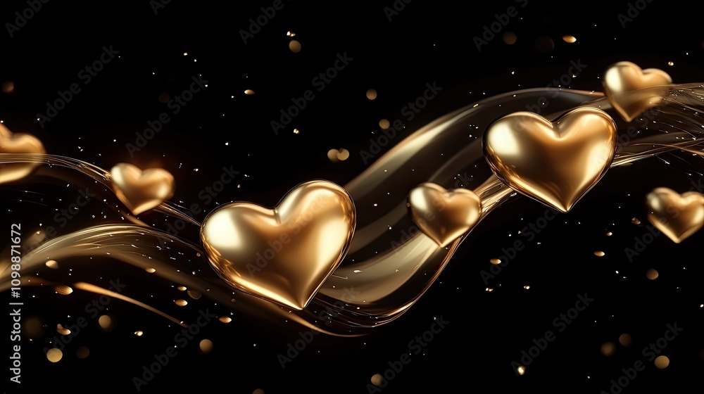 Poster golden hearts with shimmering background and floating particles