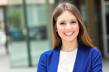 Smiling businesswoman standing in urban setting, exuding confidence and success