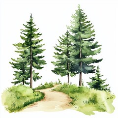 Fototapeta premium A serene forest scene with tall green trees surrounding a winding path, depicted in a soft watercolor style.
