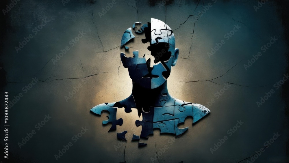 Poster mental disorder. a silhouette of a figure made of puzzle pieces, symbolizing complexity and the sear