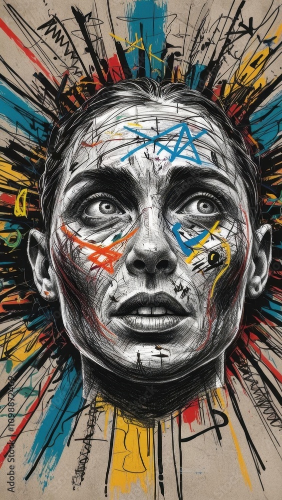 Poster mental disorder. a striking portrait featuring a woman's face with vibrant colors and abstract patte