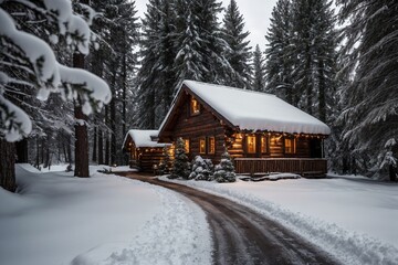 A picturesque winter landscape during Christmas, with snow-covered trees lining a winding path through a forest. The ground is blanketed with fresh snow, and delicate snowflakes gently fall from the g