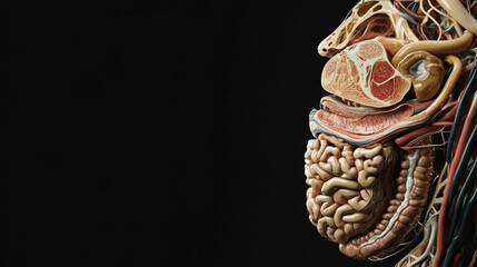 A detailed anatomical illustration of the human digestive system, against a black background, Educational style