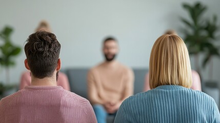A group therapy session with participants facing a speaker, fostering communication and support in a cozy indoor setting.