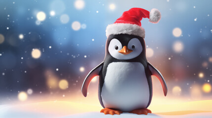Fototapeta premium Cute penguin in a Santa Claus hat on a snowy landscape, festive holiday greeting card material with a cheerful character