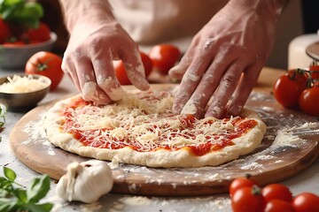 Male hands preparing dough for pizza on table