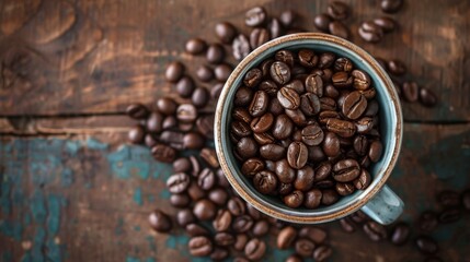 Fototapeta premium Rustic cup filled with roasted coffee beans