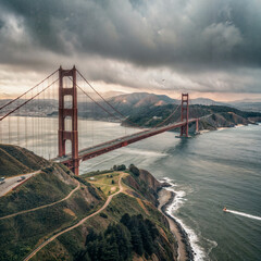 Golden Gate Bridge under cloudy skies