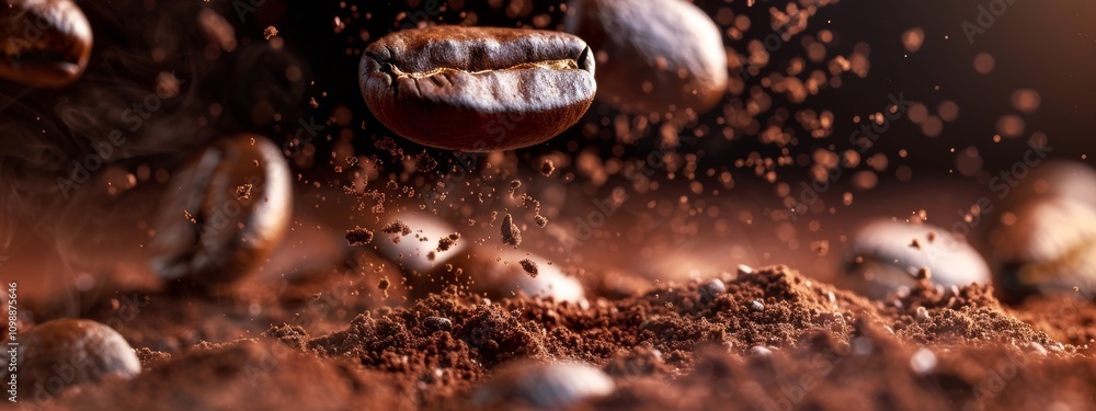 Poster floating coffee beans in a dynamic cocoa cloud